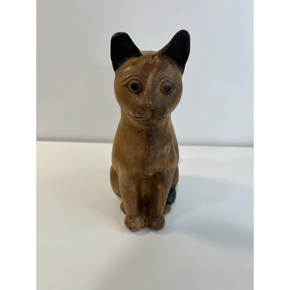 Vtg MCM Hand Carved Wood Cat Figure Kitten Statue Thailand Collector Decor‎ 10